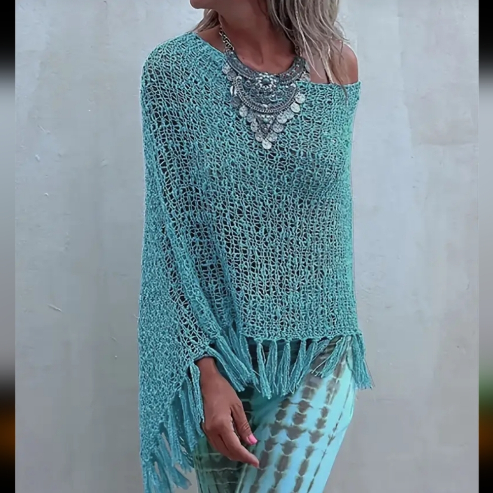Boho Knit Fringe Poncho - Aqua